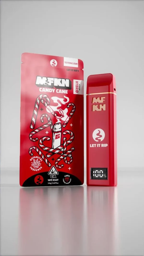 The MFKN Disposable 2G Candy Cane offers a sweet, minty flavor with a 2-gram capacity, providing a refreshing, long-lasting vaping experience.