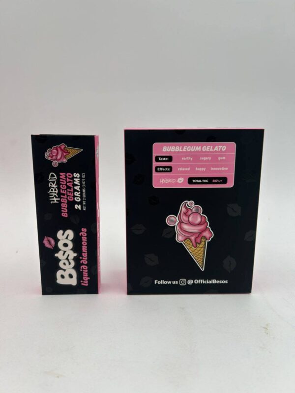 The Besos Bubblegum Gelato 2G combines sweet bubblegum and creamy gelato flavors, offering a smooth, long-lasting, and convenient vaping experience.